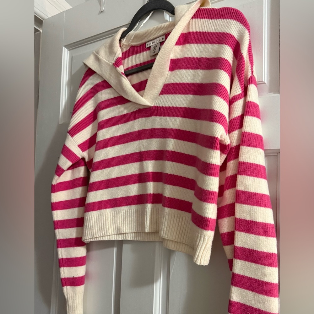 Striped Pink and Cream V-Neck Sailor Collar Sweater